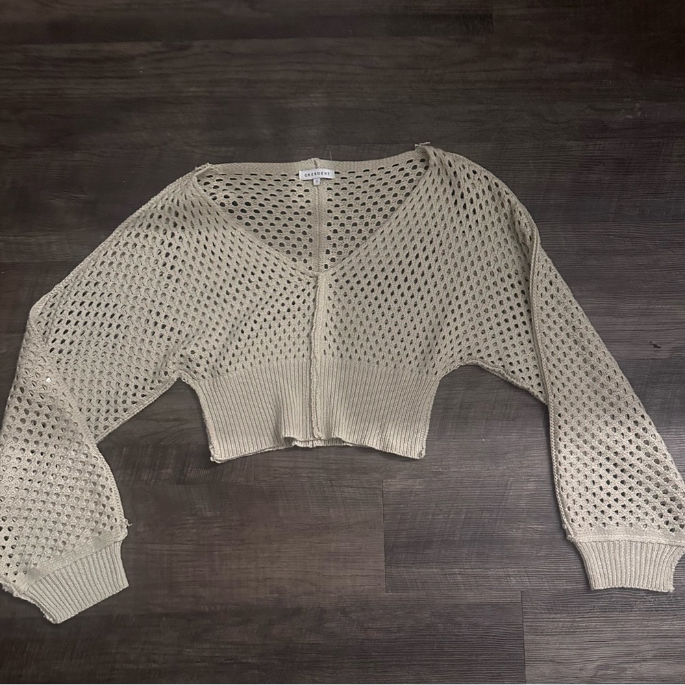 Women's Beige Crochet Cropped Sweater